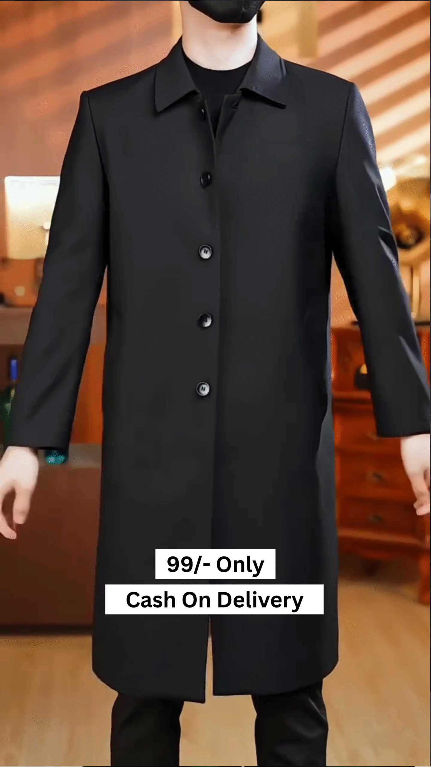 Men's Casual Trench Coat Slim Fit Notched Collar Long Jacket Overcoat Single Breasted Pea Coat wih Pockets