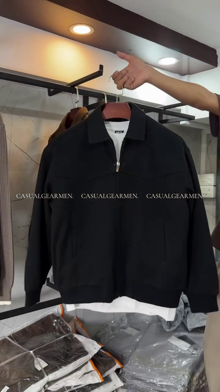 Men's Cream Textured Bomber Jacket - Classic Collared Zip-Up