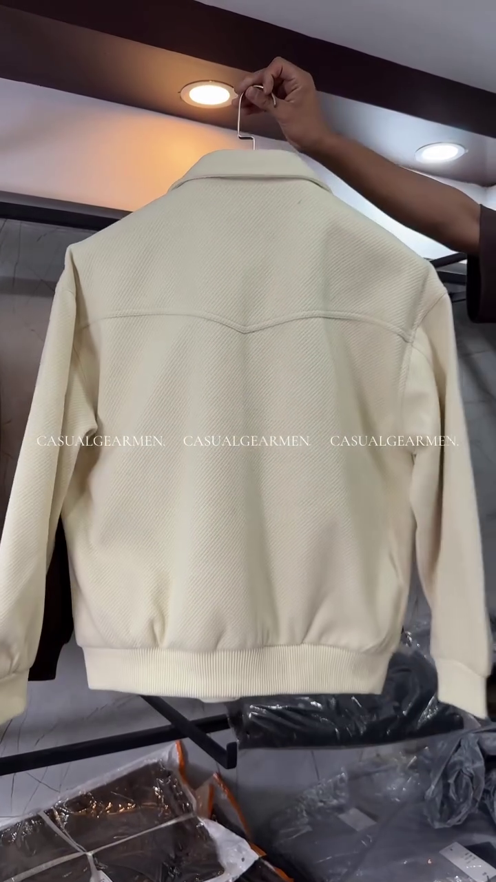 Men's Cream Textured Bomber Jacket - Classic Collared Zip-Up