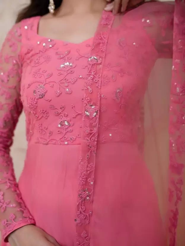 Embroidered Georgette Stitched Anarkali Gown (Pink)
