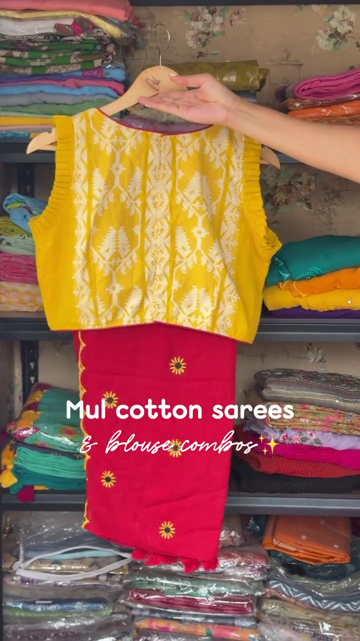 Mul Cotton Saree Combo With Blouse