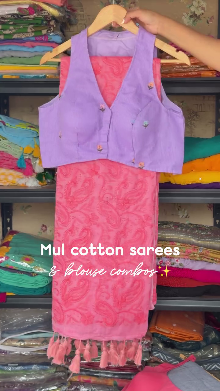 Mul Cotton Saree Combo With Blouse