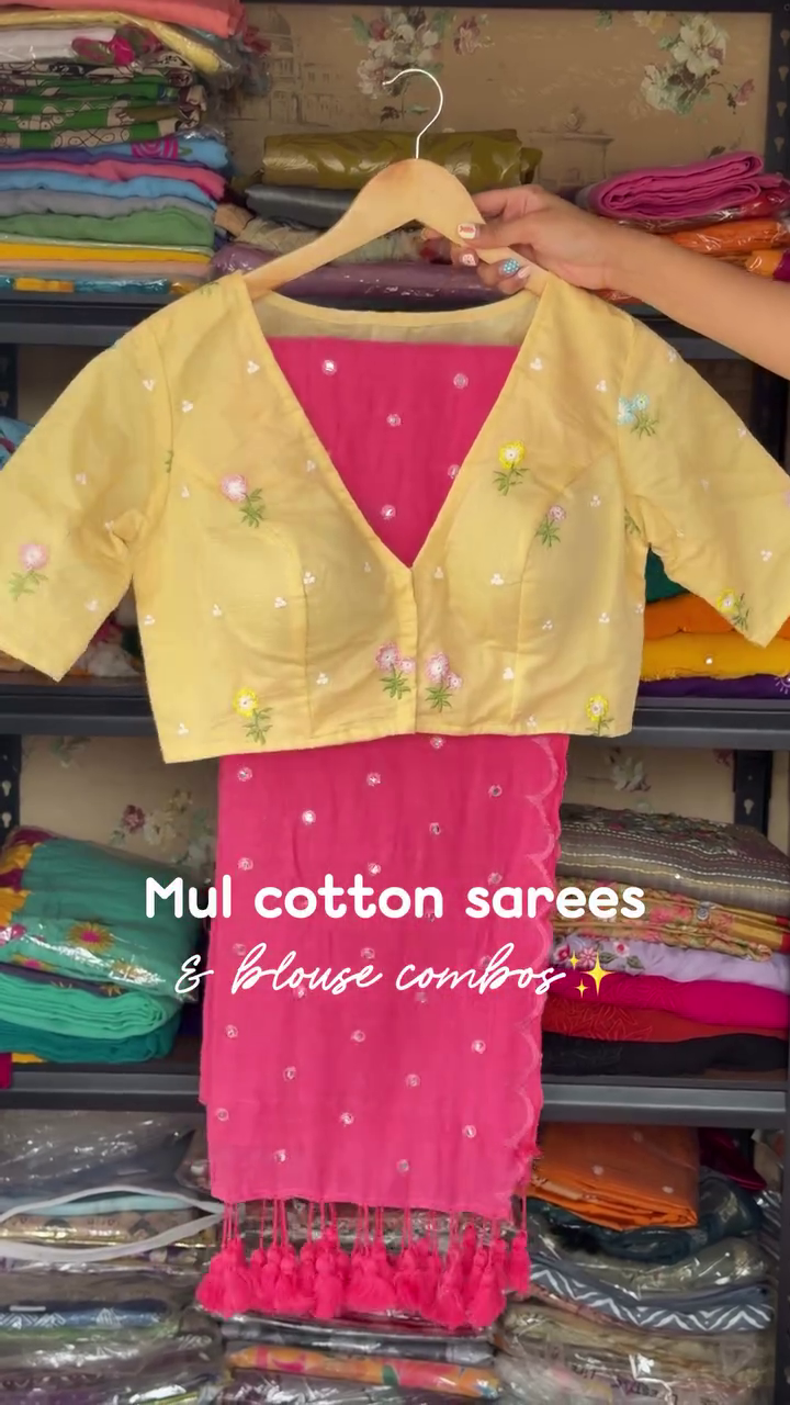 Mul Cotton Saree Combo With Blouse