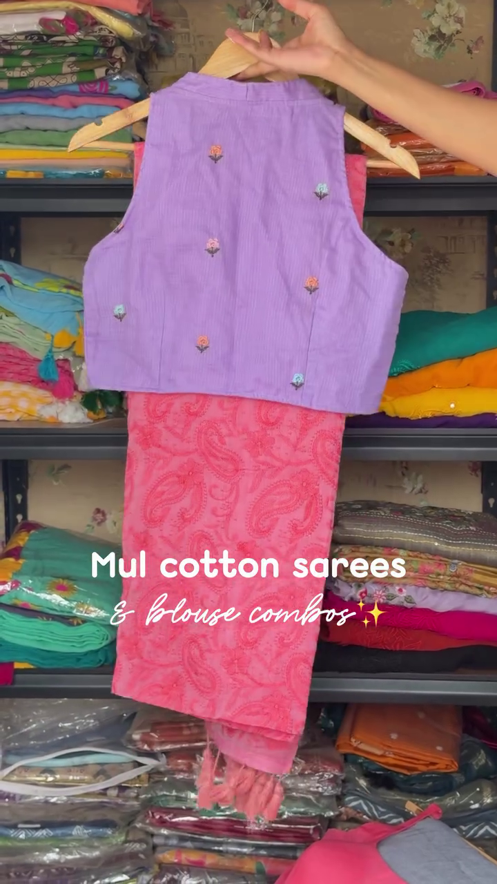 Mul Cotton Saree Combo With Blouse