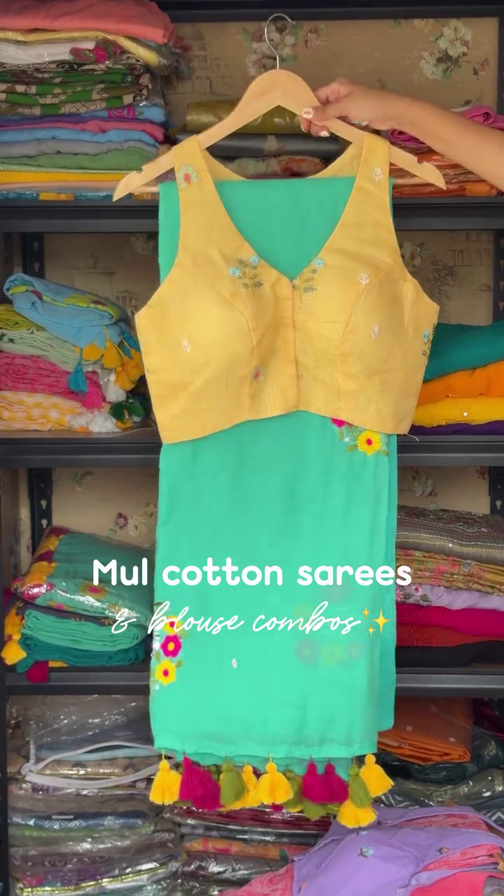 Mul Cotton Saree Combo With Blouse