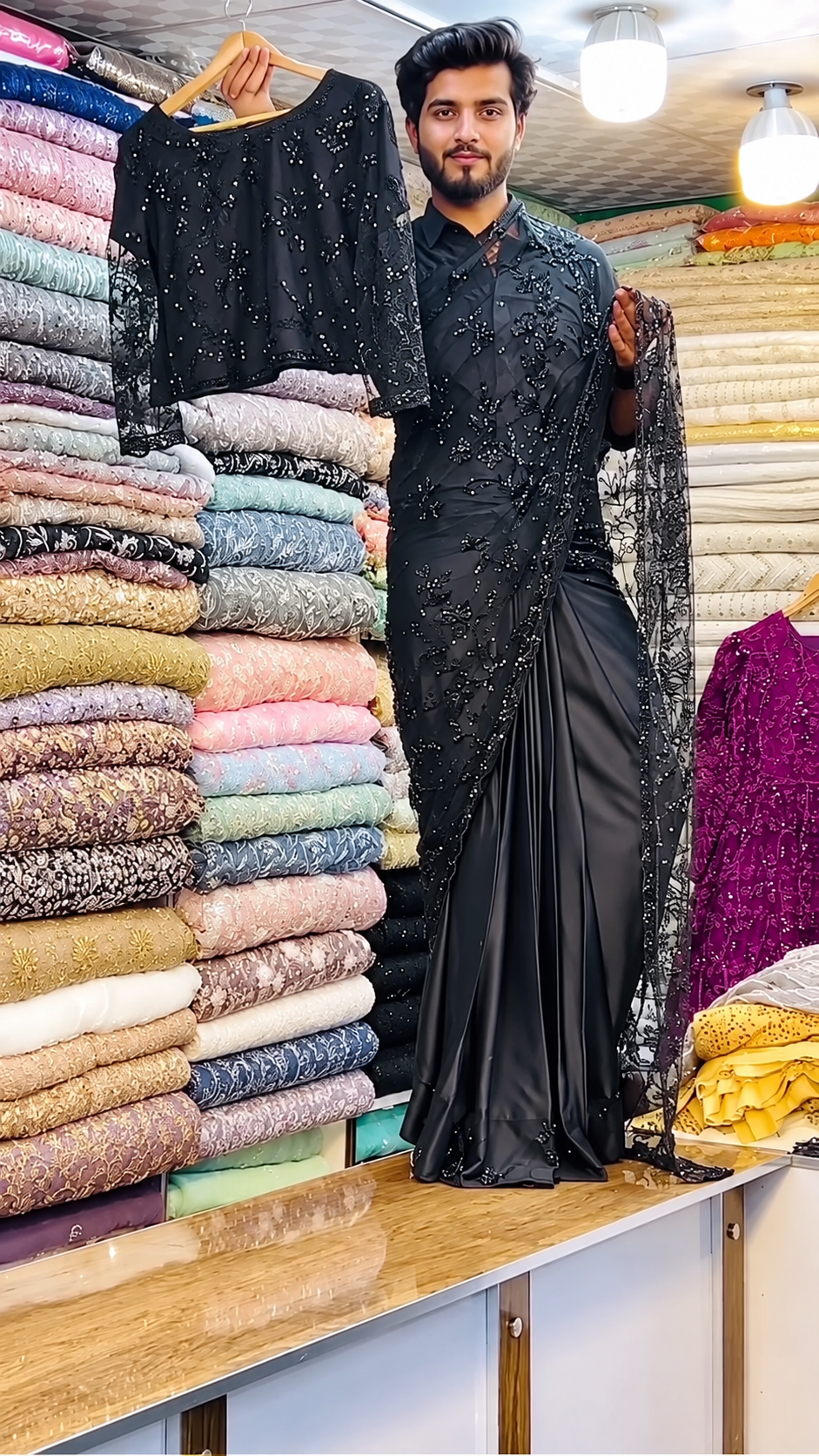 Black Sequin Embroidered Designer Saree with Matching Blouse
