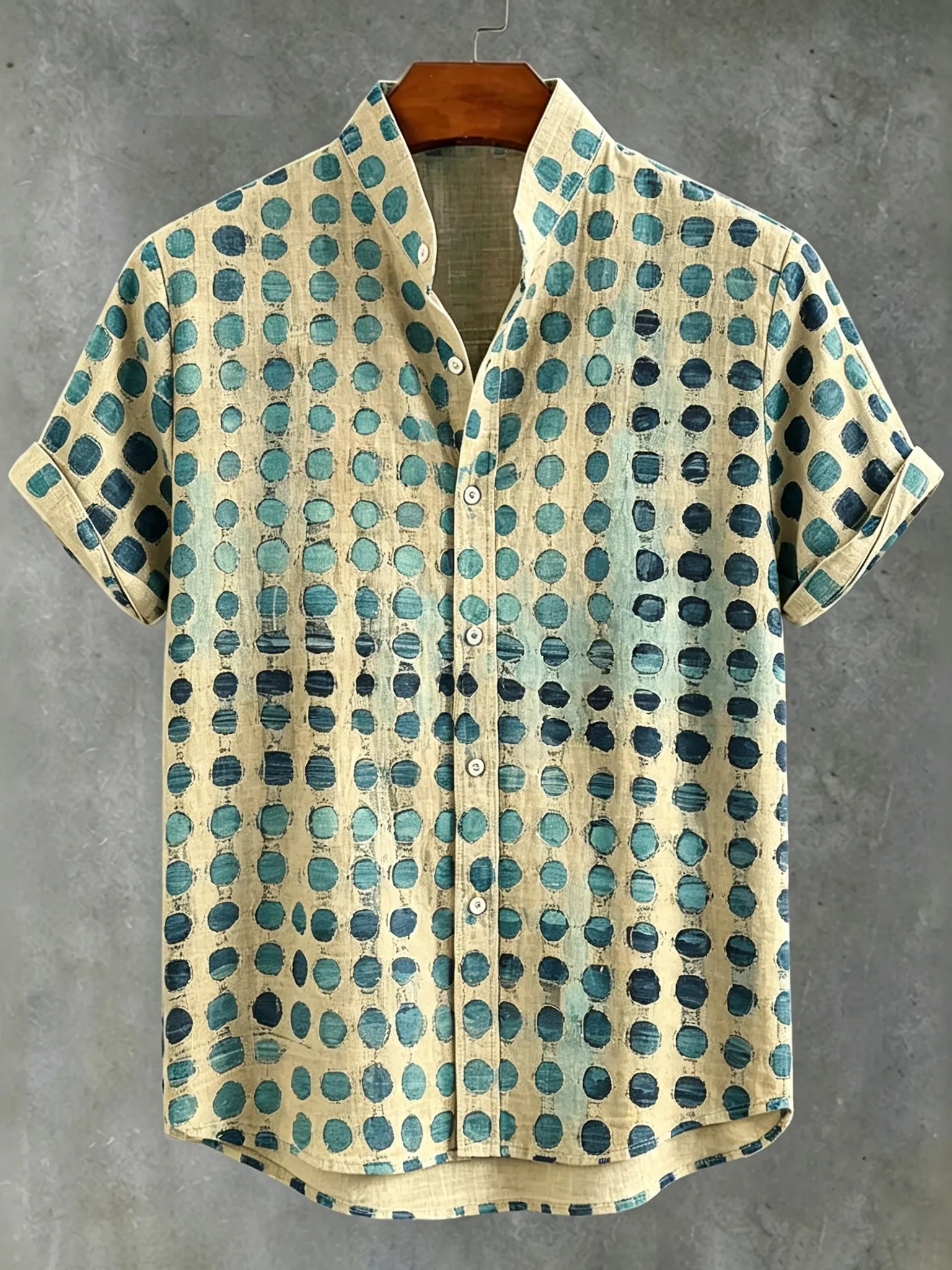 Abstract 70s Hippie Gradient Teal‑blue Distressed Oval‑dot Art Print Men's Short Sleeve Button Up Shirt