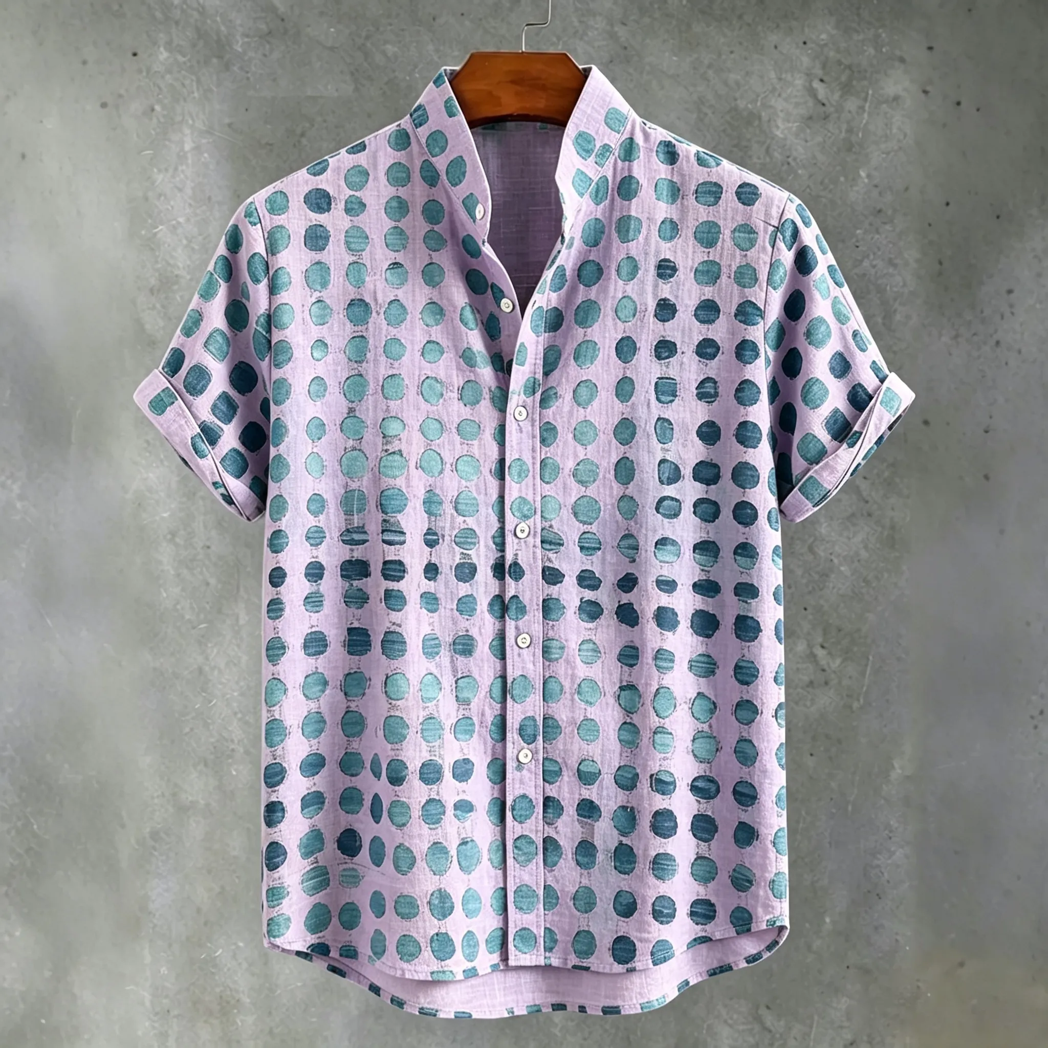 Abstract 70s Hippie Gradient Teal‑blue Distressed Oval‑dot Art Print Men's Short Sleeve Button Up Shirt