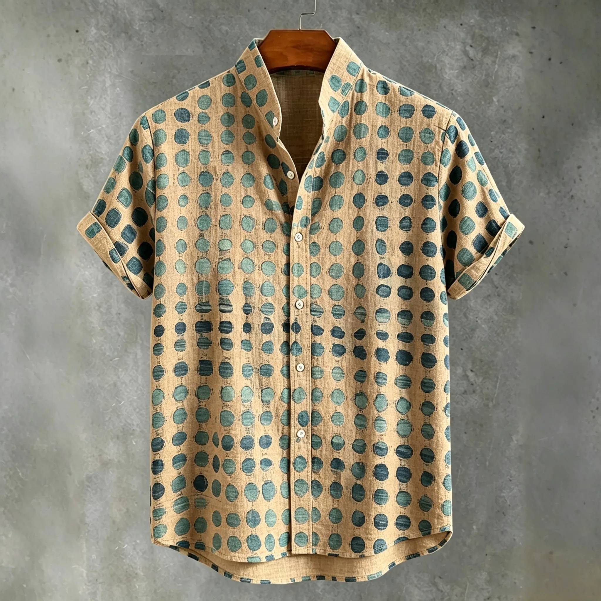 Abstract 70s Hippie Gradient Teal‑blue Distressed Oval‑dot Art Print Men's Short Sleeve Button Up Shirt