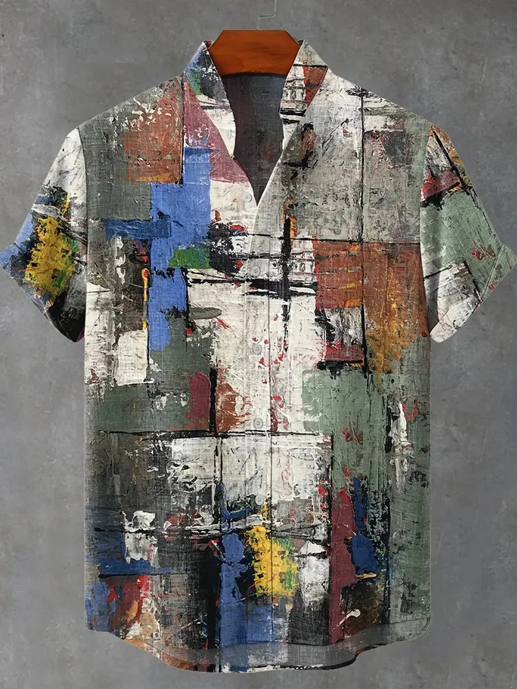 Abstract Art Colorful Oil Painting Color Block Decoration Pattern Casual Shirt