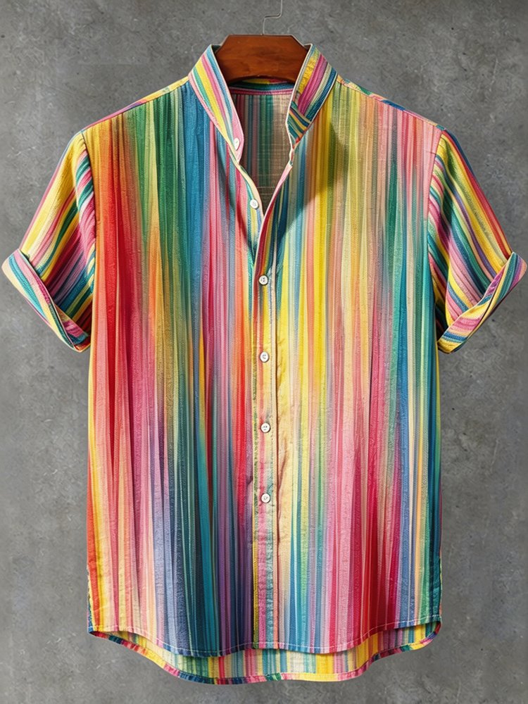 Abstract 70s Hippie Rainbow Art Print Men's Short Sleeve Button Up Shirt
