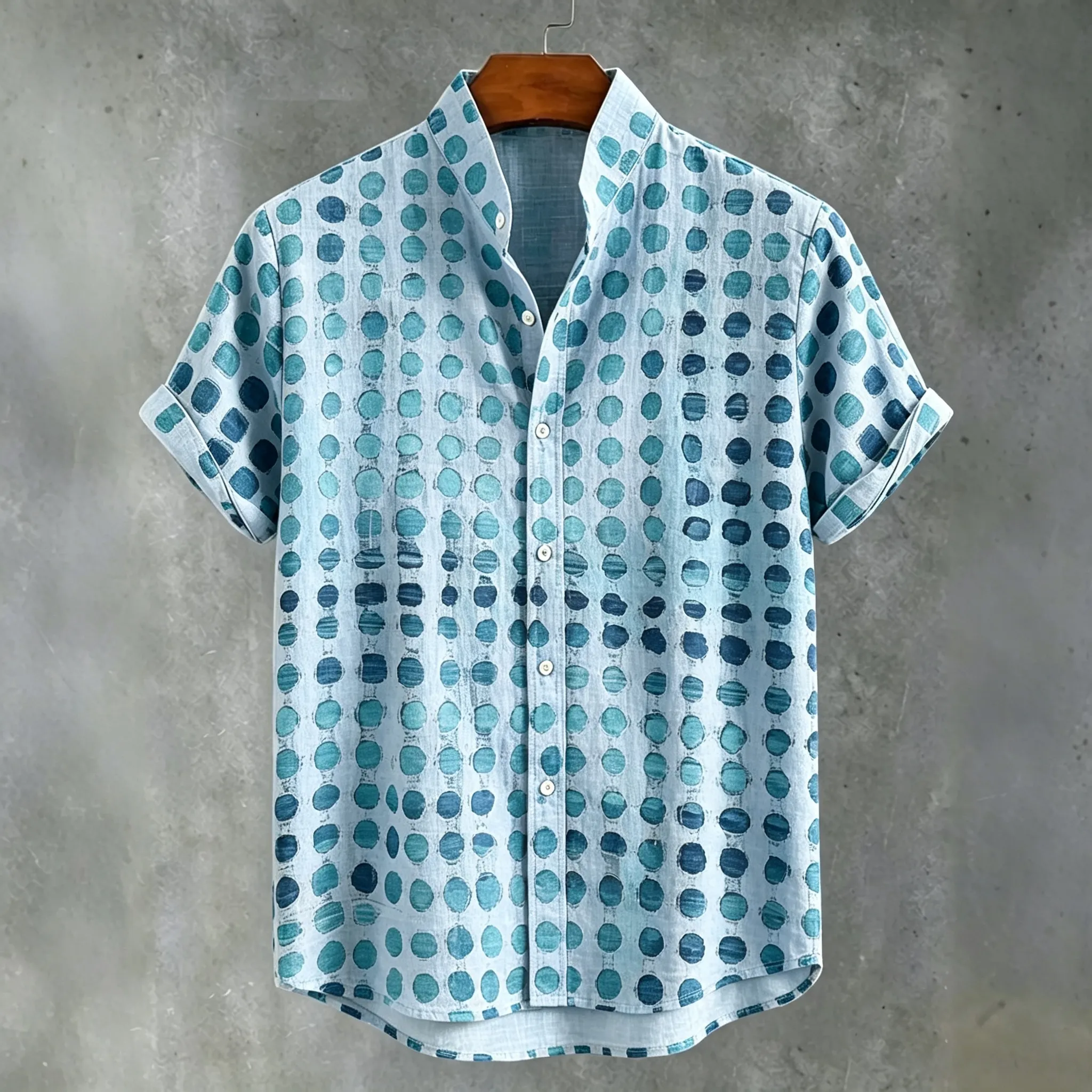 Abstract 70s Hippie Gradient Teal‑blue Distressed Oval‑dot Art Print Men's Short Sleeve Button Up Shirt