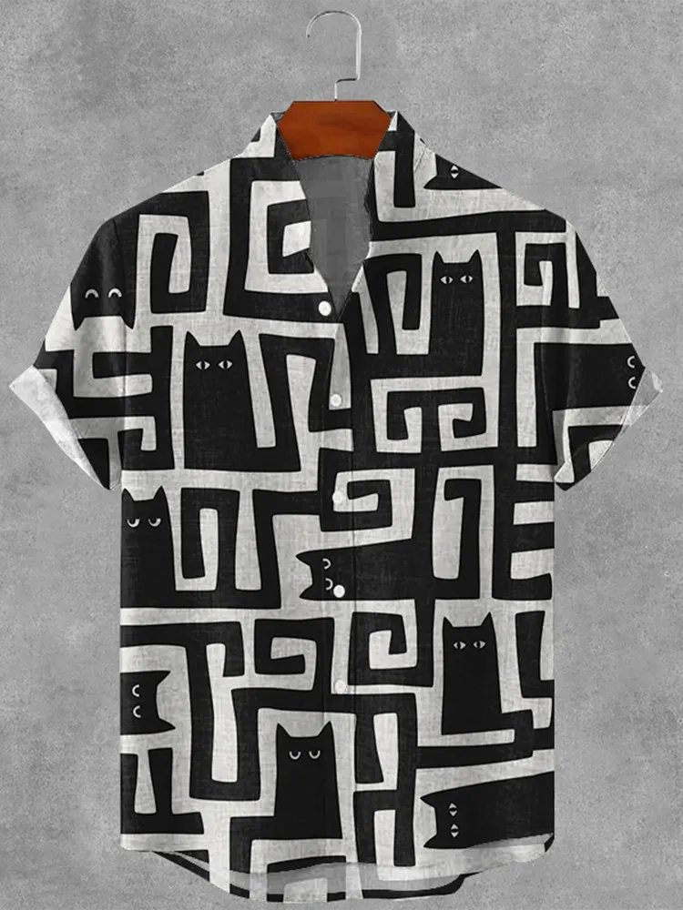 Abstract Geometric Black Cat Maze Art Print Men's Short Sleeve Button Up Shirt