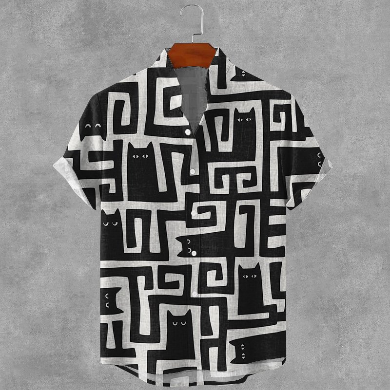 Abstract Geometric Black Cat Maze Art Print Men's Short Sleeve Button Up Shirt
