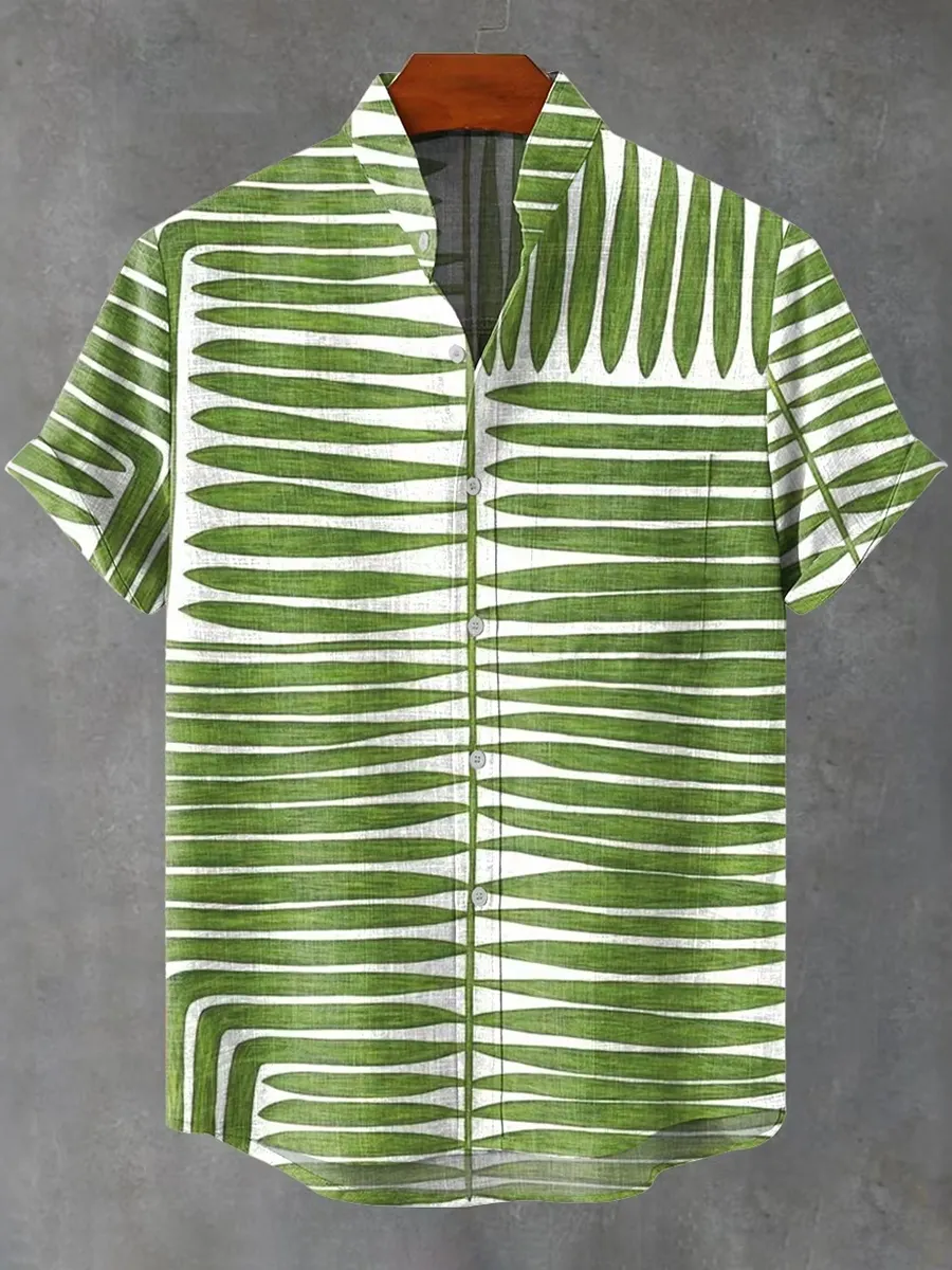 Abstract Geometric Green Line Decorative Art Print Men's Short Sleeve Button Up Shirt