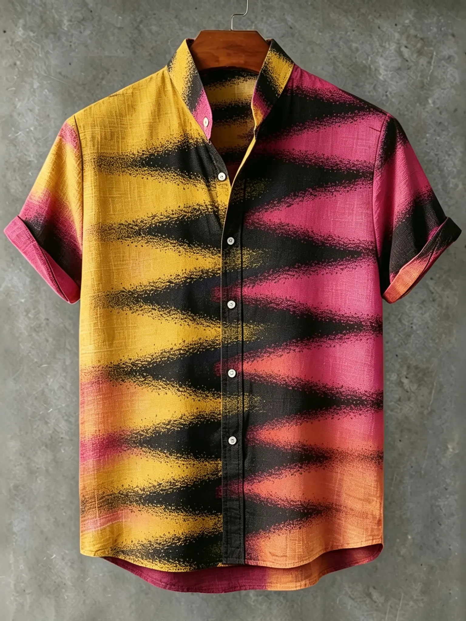 Abstract Hippie 70s Retro Radient Smudge Streak Sunset Tone Gradient Brushstroke Print Men's Short Sleeve Button Up Shirt