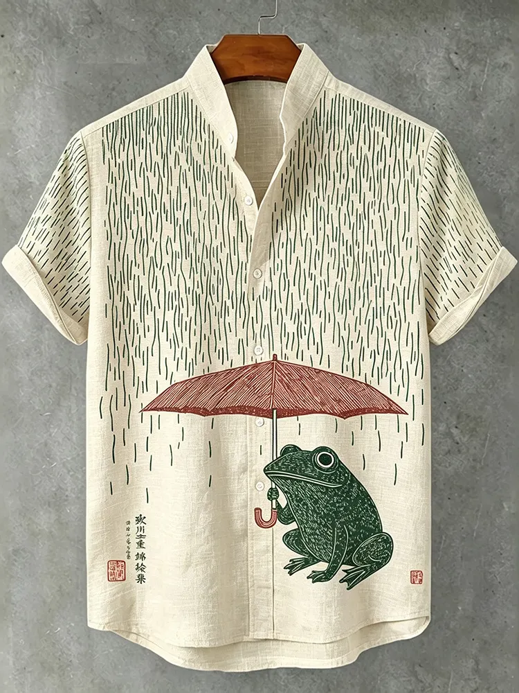 Abstract Japanese Ukiyo-e Frog Rain Umbrella Art Print Men's Short Sleeve Button Up Shirt
