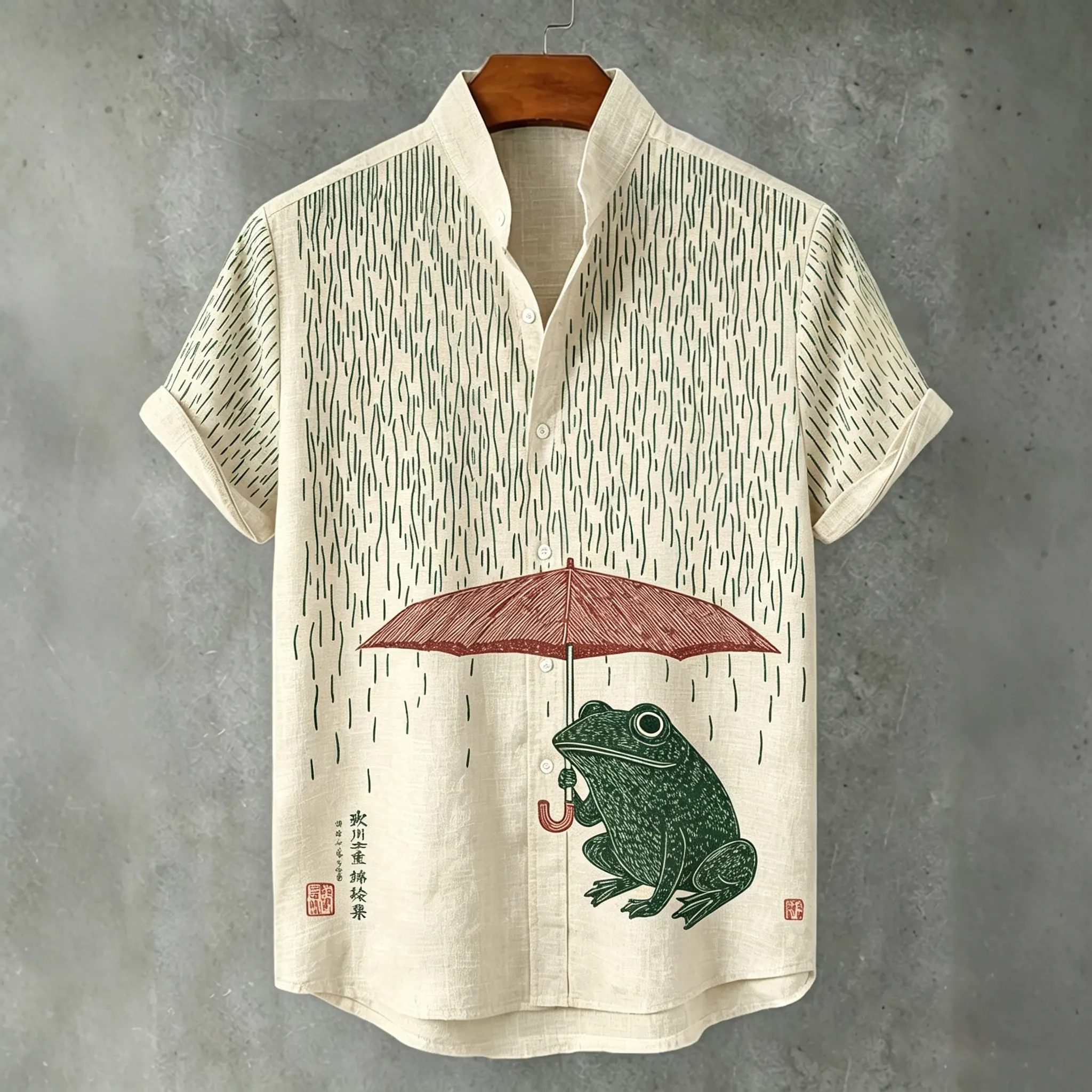 Abstract Japanese Ukiyo-e Frog Rain Umbrella Art Print Men's Short Sleeve Button Up Shirt