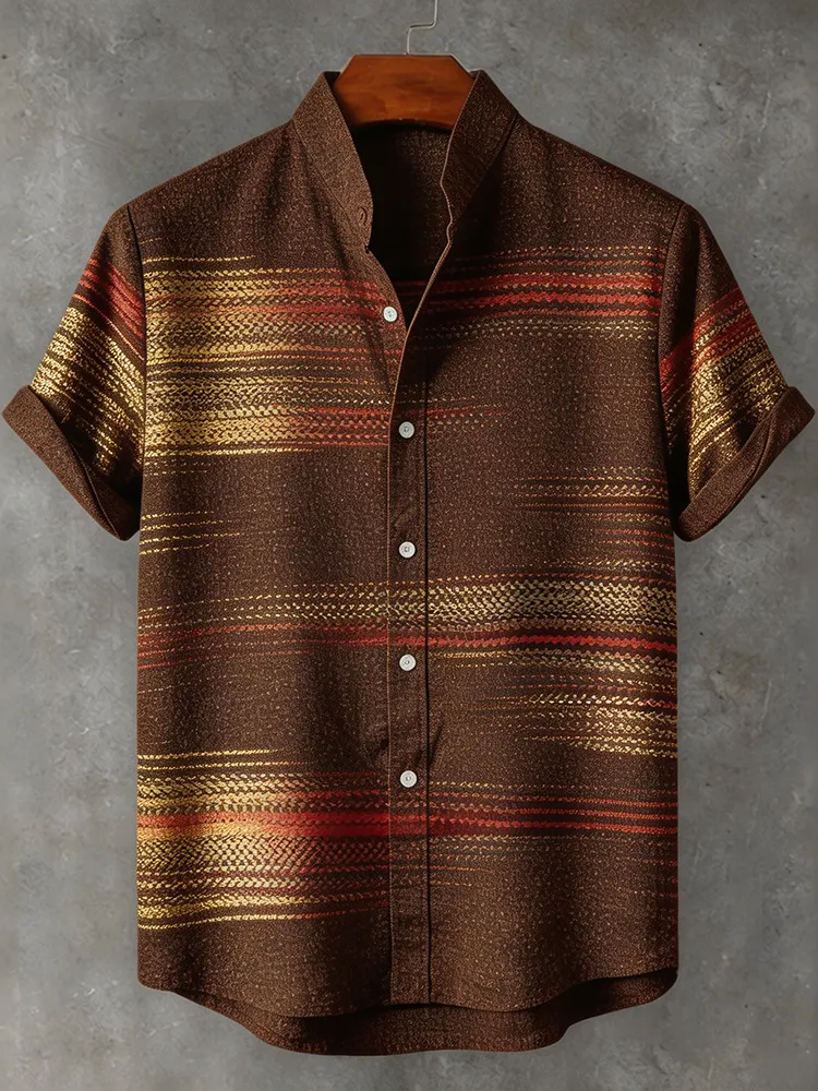 Abstract Retro Metallic Textured Streak Western Gold Rust Stripe Art Print Men's Short Sleeve Button Up Shirt