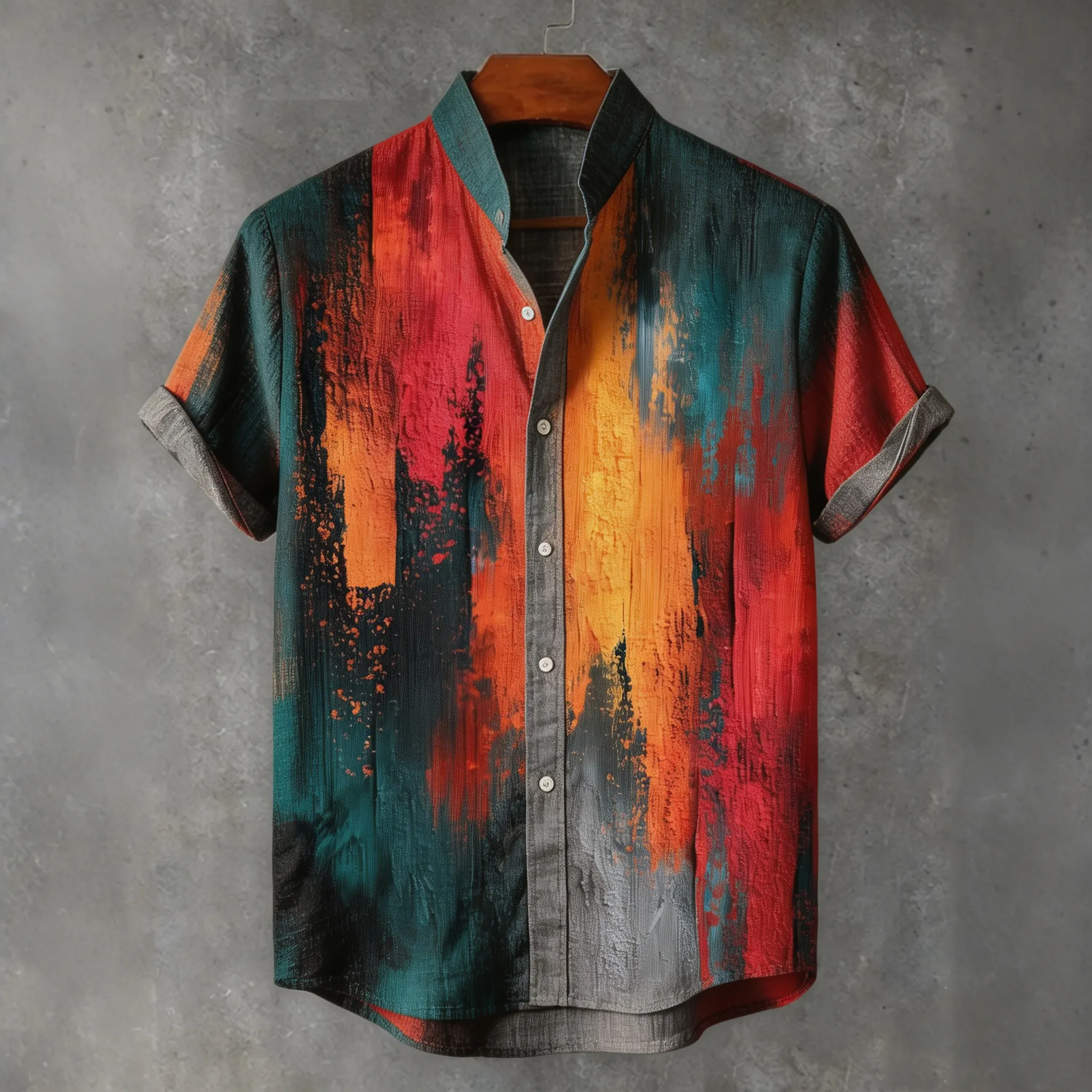 Abstract Thick Texture Thick Brushstroke Oil Painting Color Splash Art Print Men's Short Sleeve Button Up Shirt