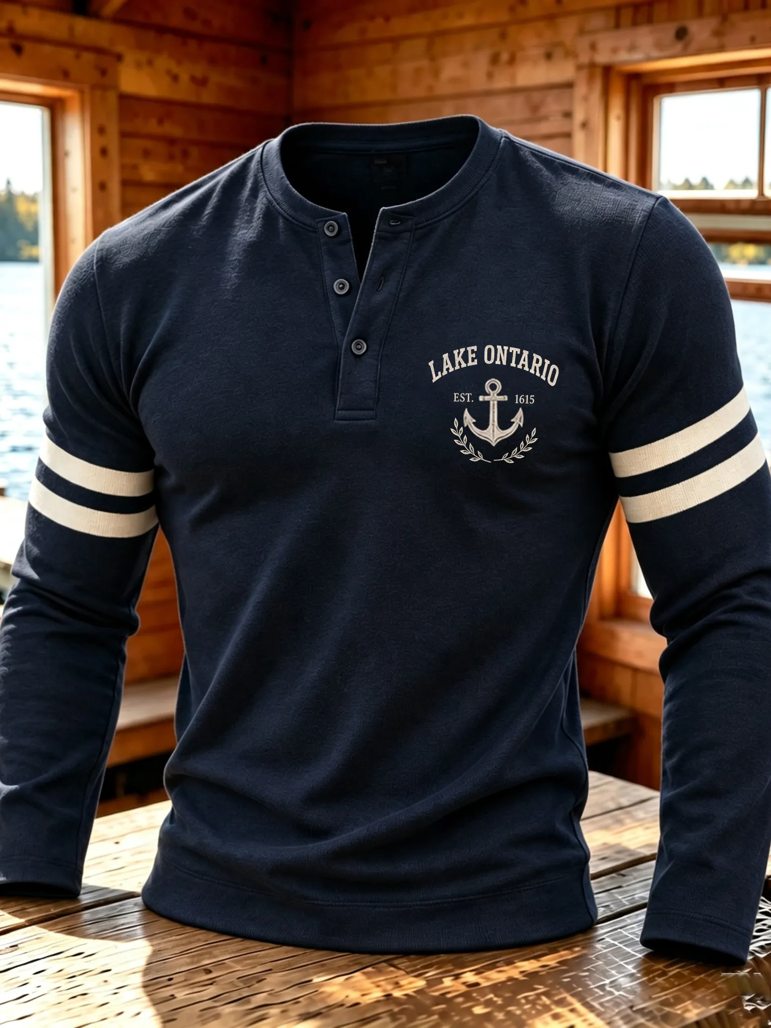 Casual 1615 Lake Ontario Men's Graphic Henley Shirt