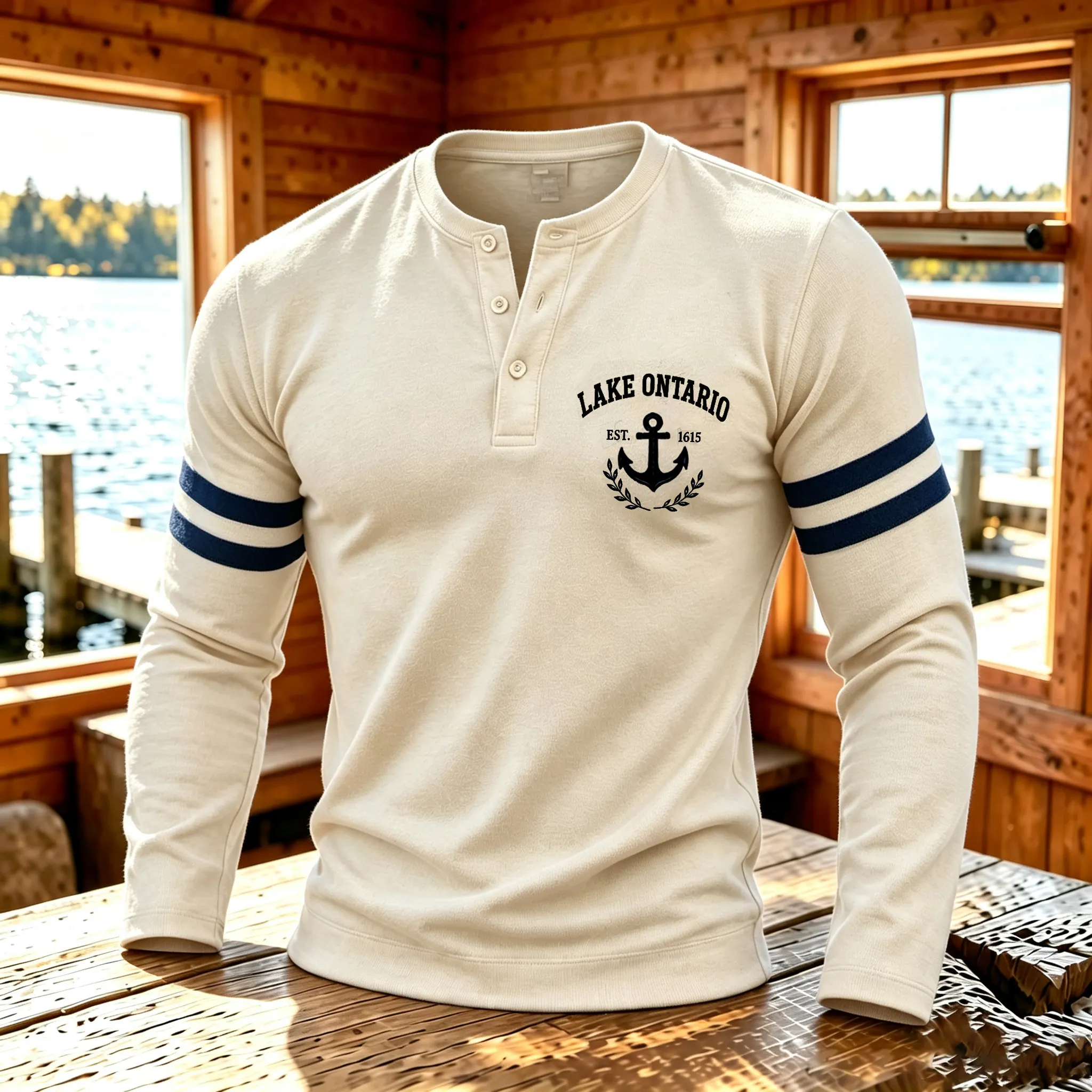 Casual 1615 Lake Ontario Men's Graphic Henley Shirt