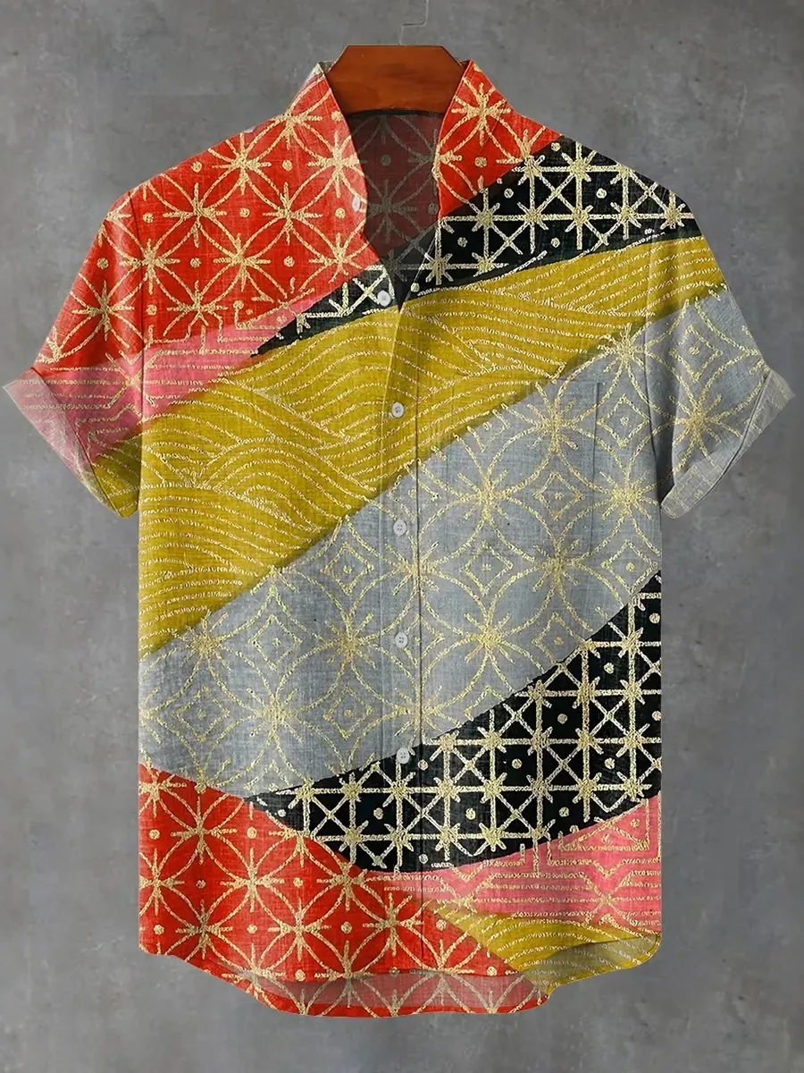 Color Match Splice Golden Vintage Art Print Casual Shirt