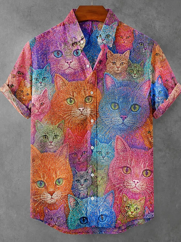 Colorful Cat Head Art And Linen Short-sleeved Shirt