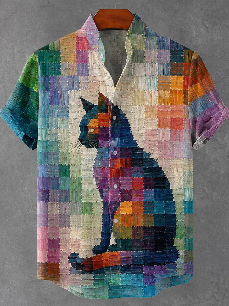 Colorful Cat Silhouette Art Linen Short-sleeved Shirt