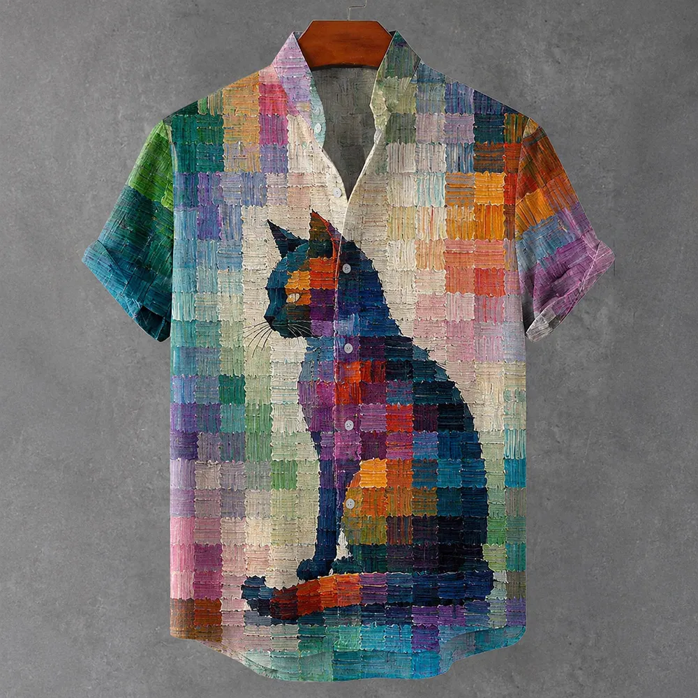Colorful Cat Silhouette Art Linen Short-sleeved Shirt
