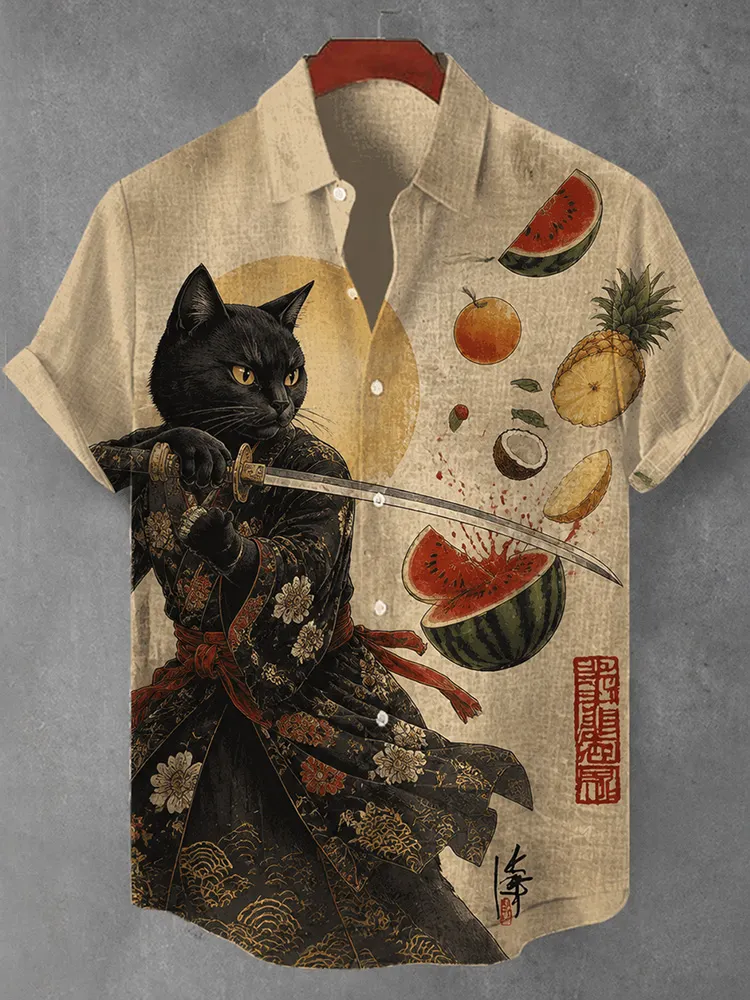 Fruit-cutting Samurai Cat Art Casual Short-sleeved Shirt