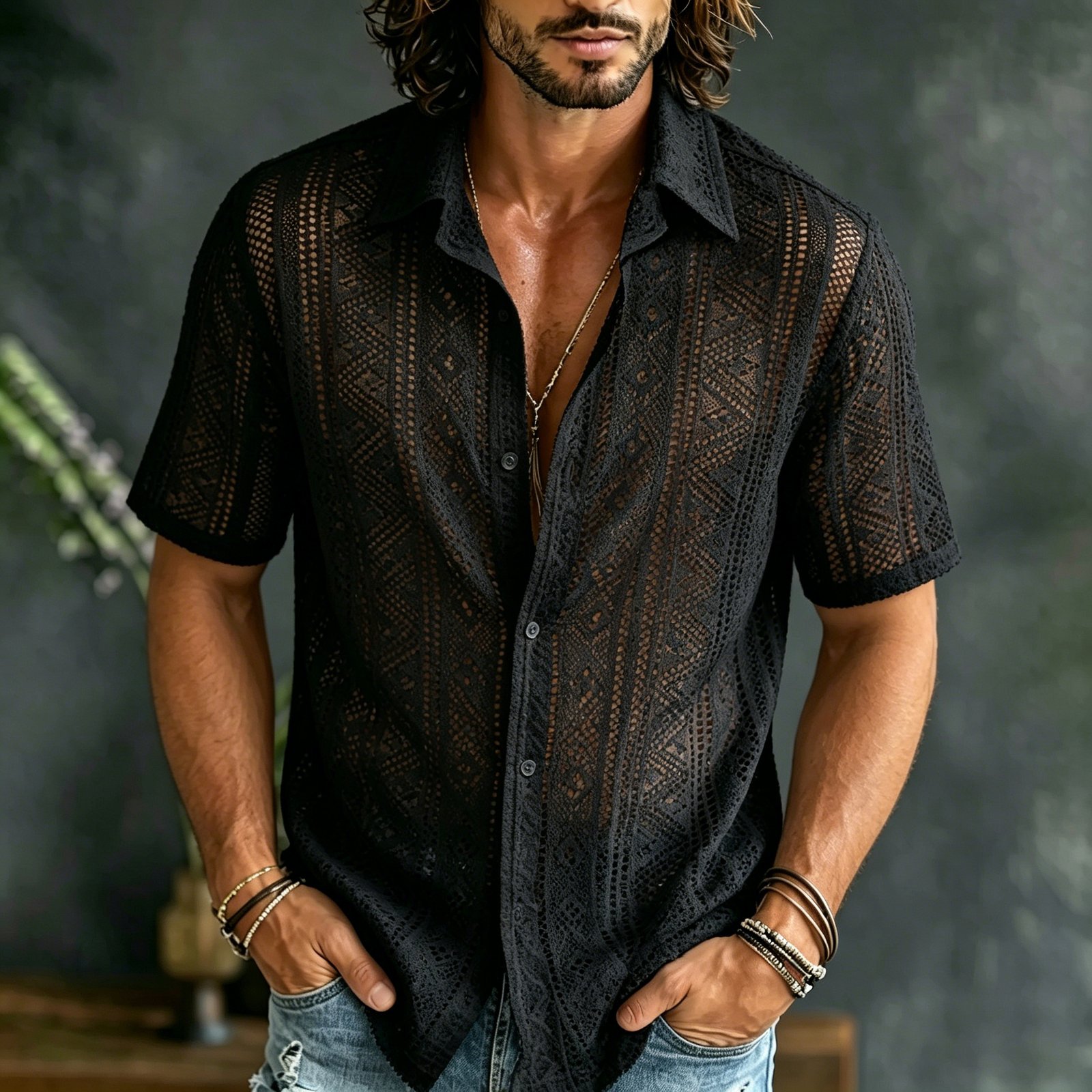Gentleman's Vintage Geometric Lace Vacation Shirt