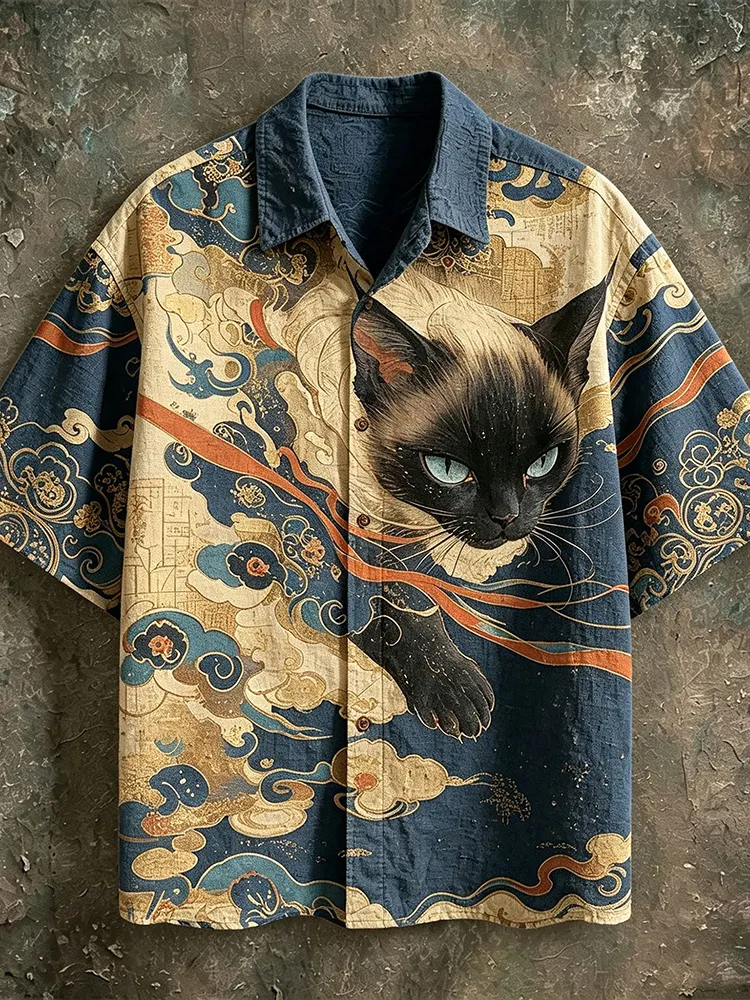 Golden Cloud Siamese Cat Oriental Print Textured Linen Shirt