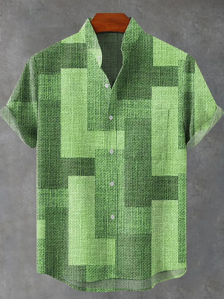 Green Rectangular Geometry Vintage Print Casual Shirt
