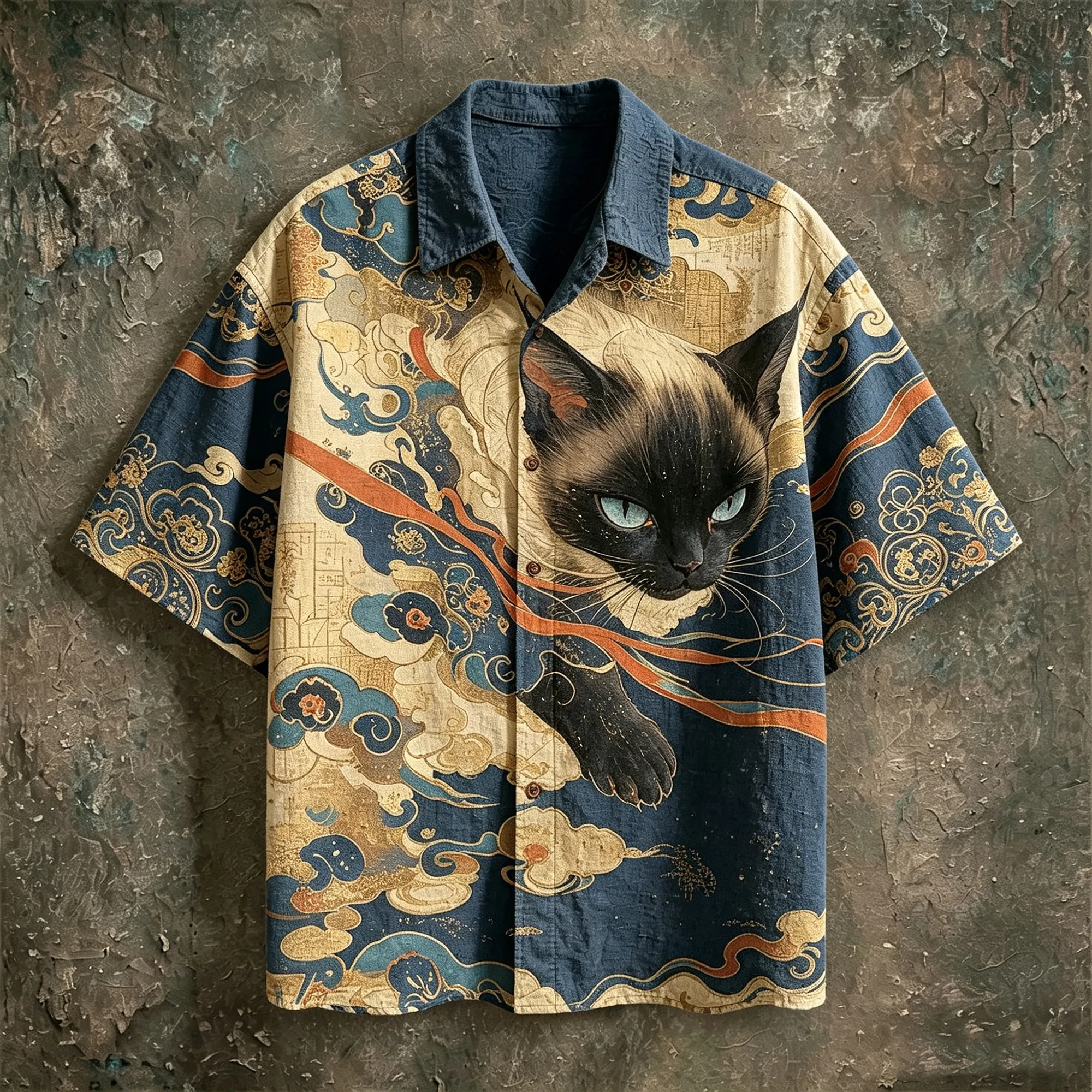 Golden Cloud Siamese Cat Oriental Print Textured Linen Shirt