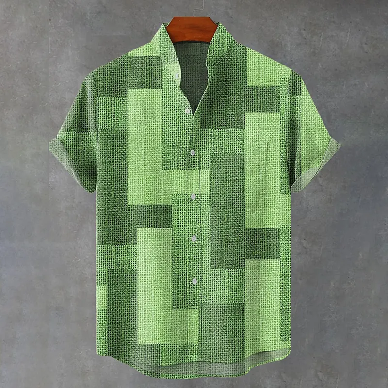Green Rectangular Geometry Vintage Print Casual Shirt