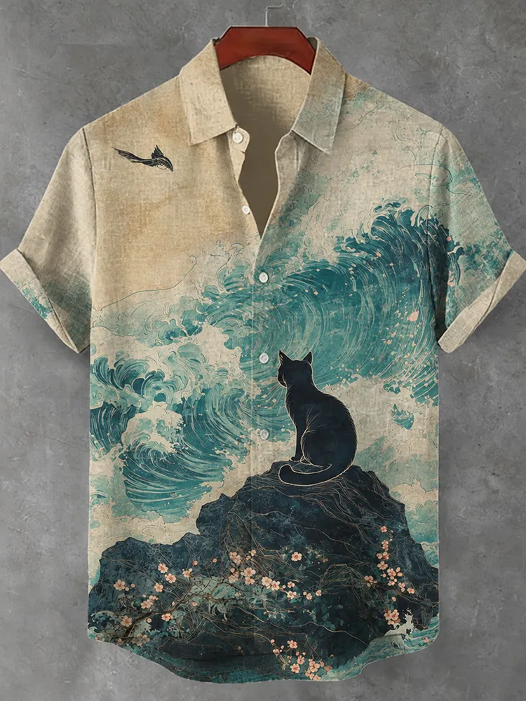 Guanhai Little Black Cat Art Retro And Linen Short-sleeved Shirt