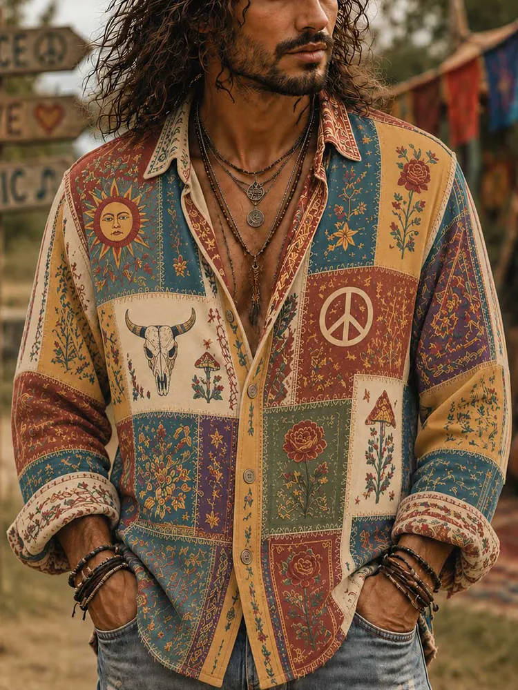 Hippie Peace Symbol And Floral Art Patchwork Vintage Linen Lapel Long Sleeve Shirt