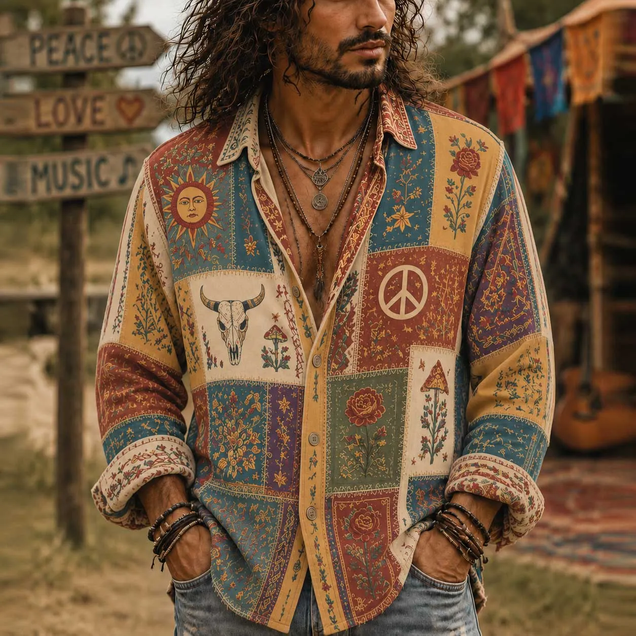 Hippie Peace Symbol And Floral Art Patchwork Vintage Linen Lapel Long Sleeve Shirt
