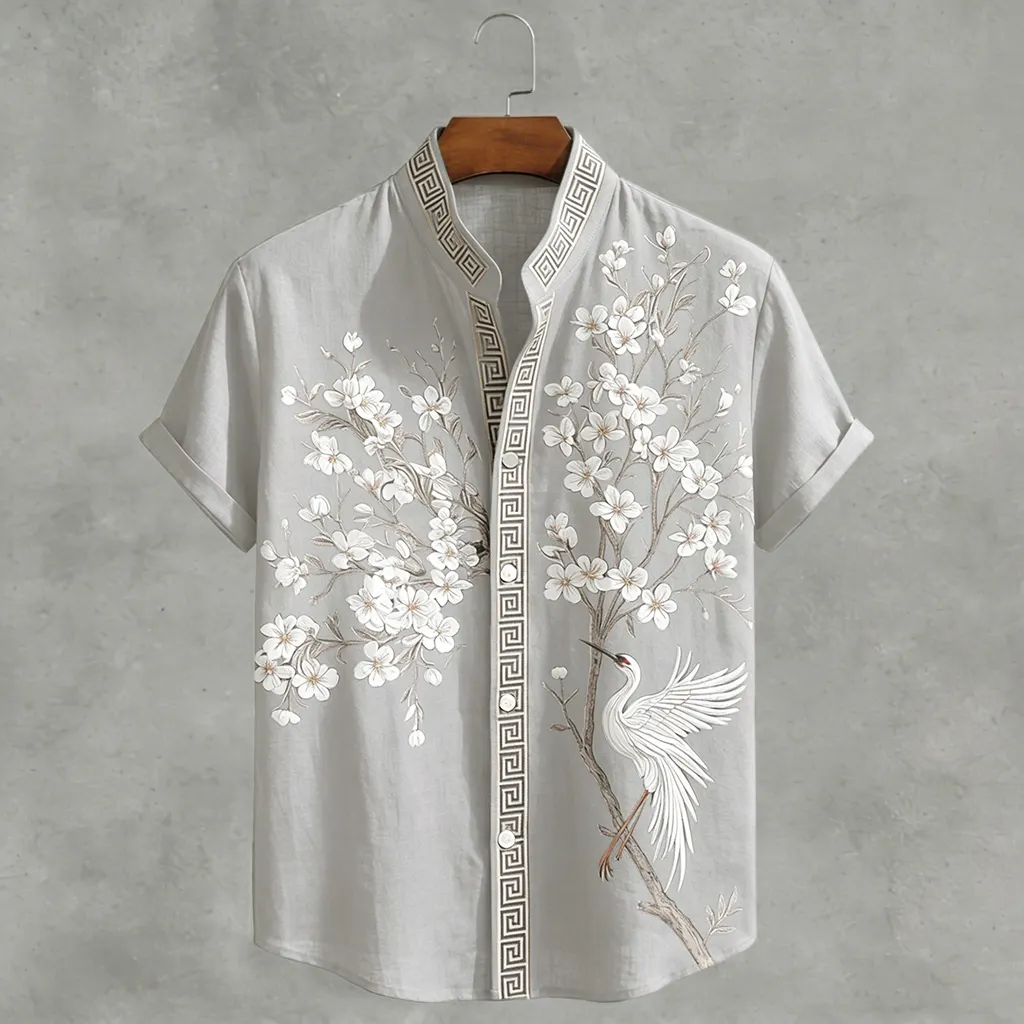 Japanese  Cherry Blossom & Crane Art Linen Blend Shirt