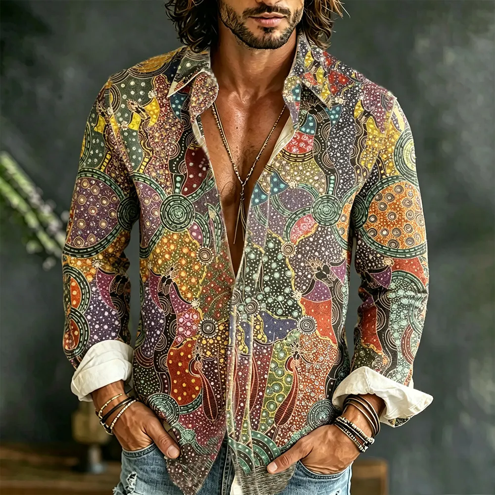 Hippie Vintage Geometric Floral Art Patchwork Print Long Sleeve Shirt