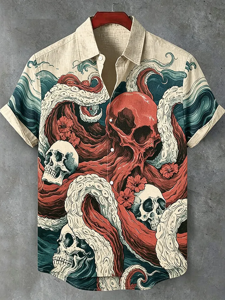 Intage Japanese Style Short-sleeved Button-down Shirt With Wave And Octopus Skull Print