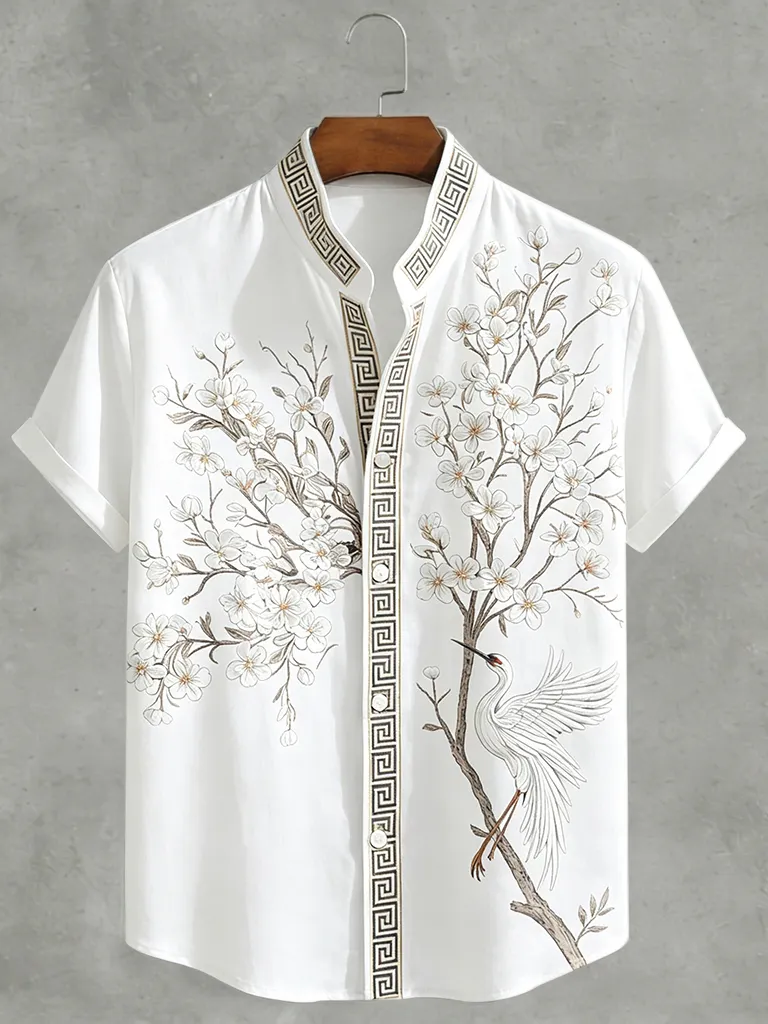 Japanese  Cherry Blossom & Crane Art Linen Blend Shirt