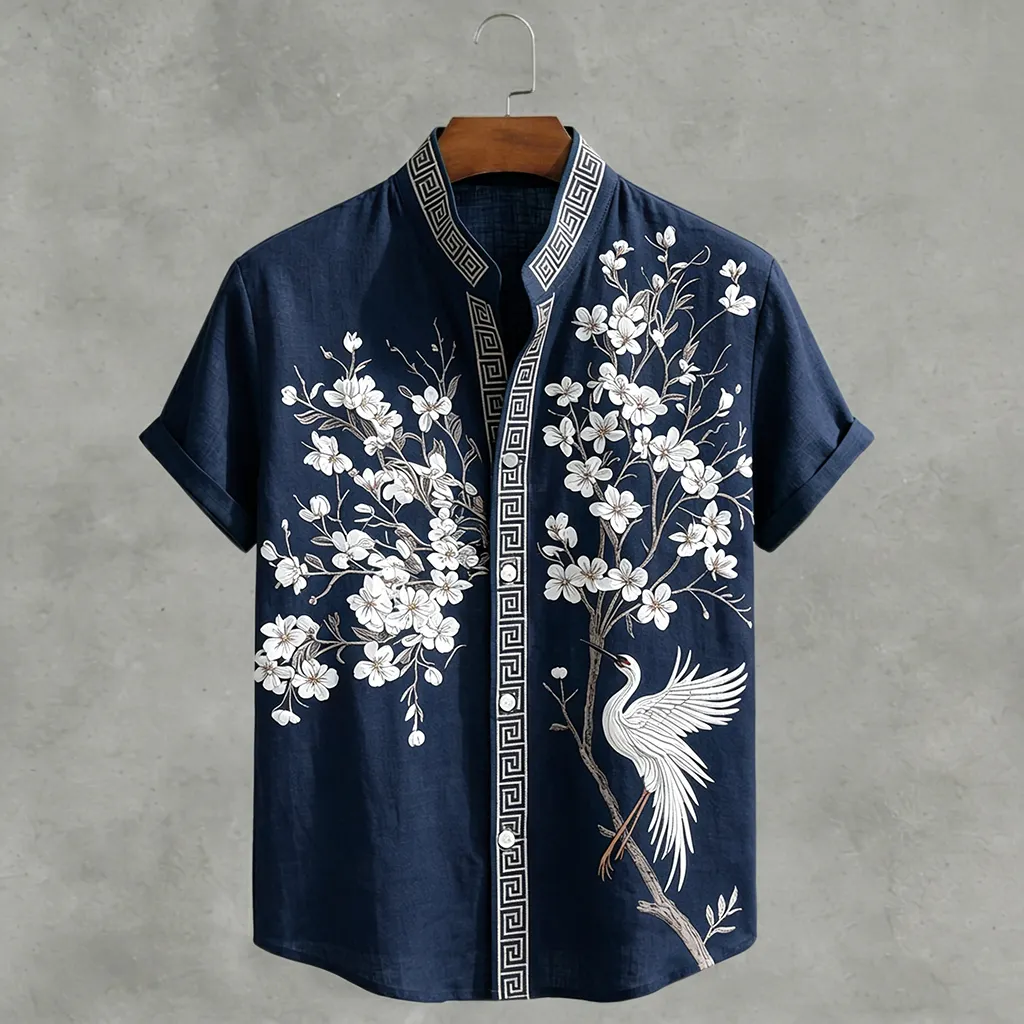 Japanese  Cherry Blossom & Crane Art Linen Blend Shirt