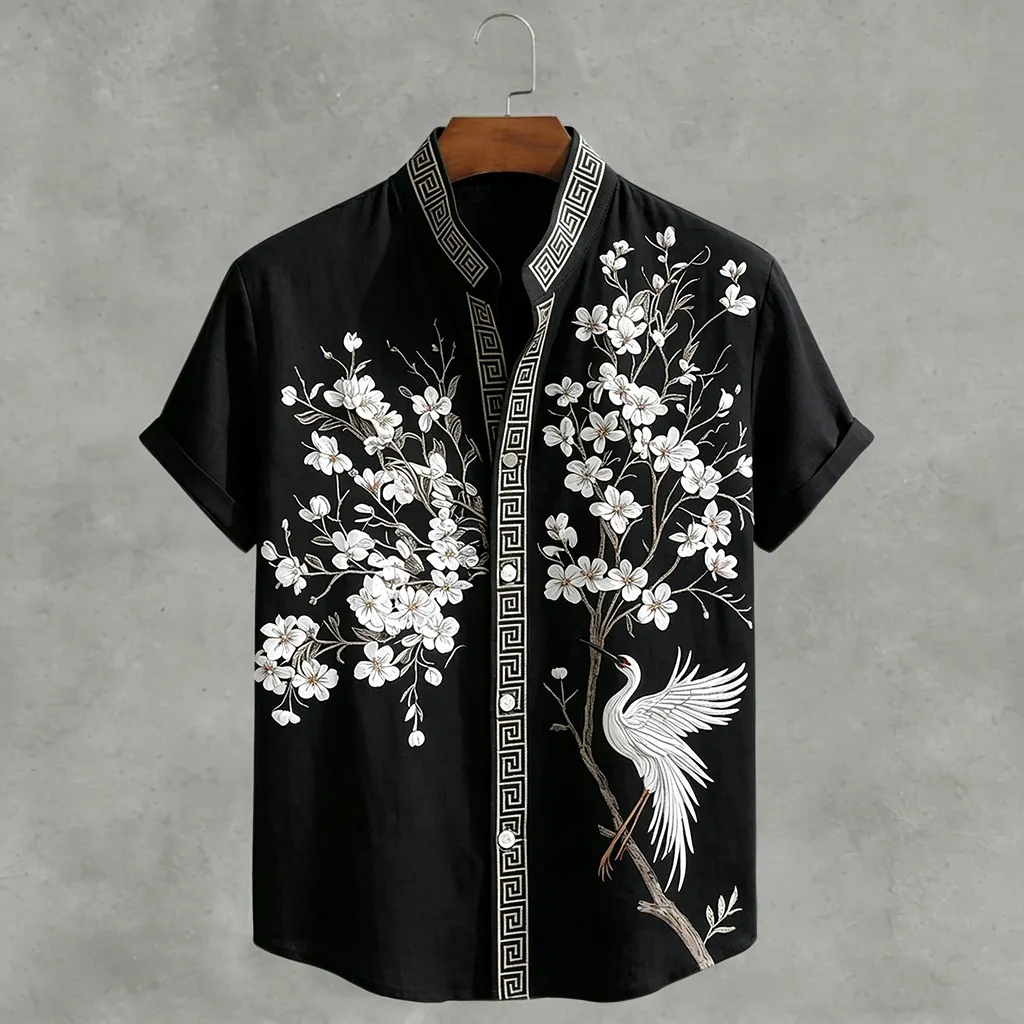 Japanese  Cherry Blossom & Crane Art Linen Blend Shirt