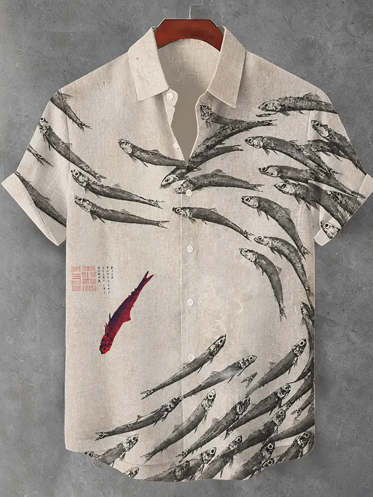 Japanese Art Lonely Fish Print Art Short-sleeved Shirt