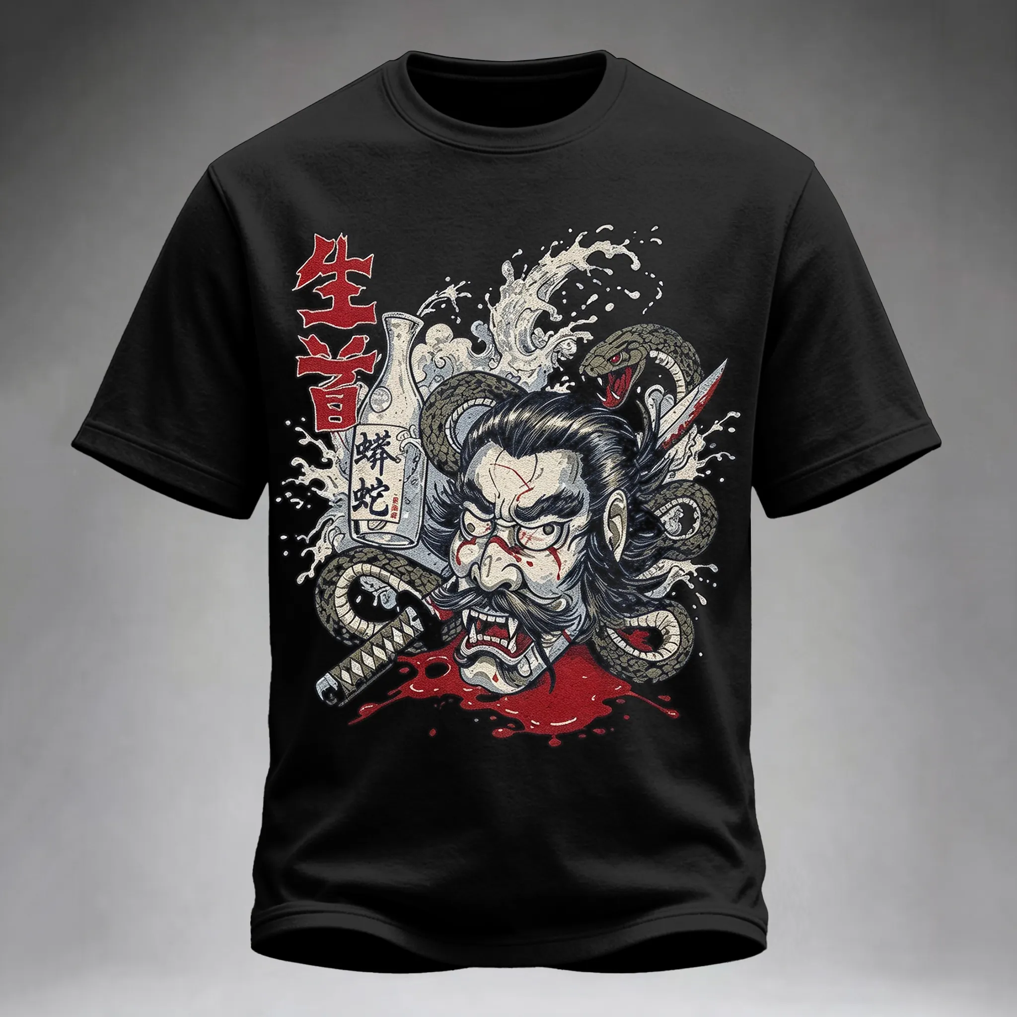 Men's Vintage Japanese  Serpent Demon Graphic  Casual T-shirt