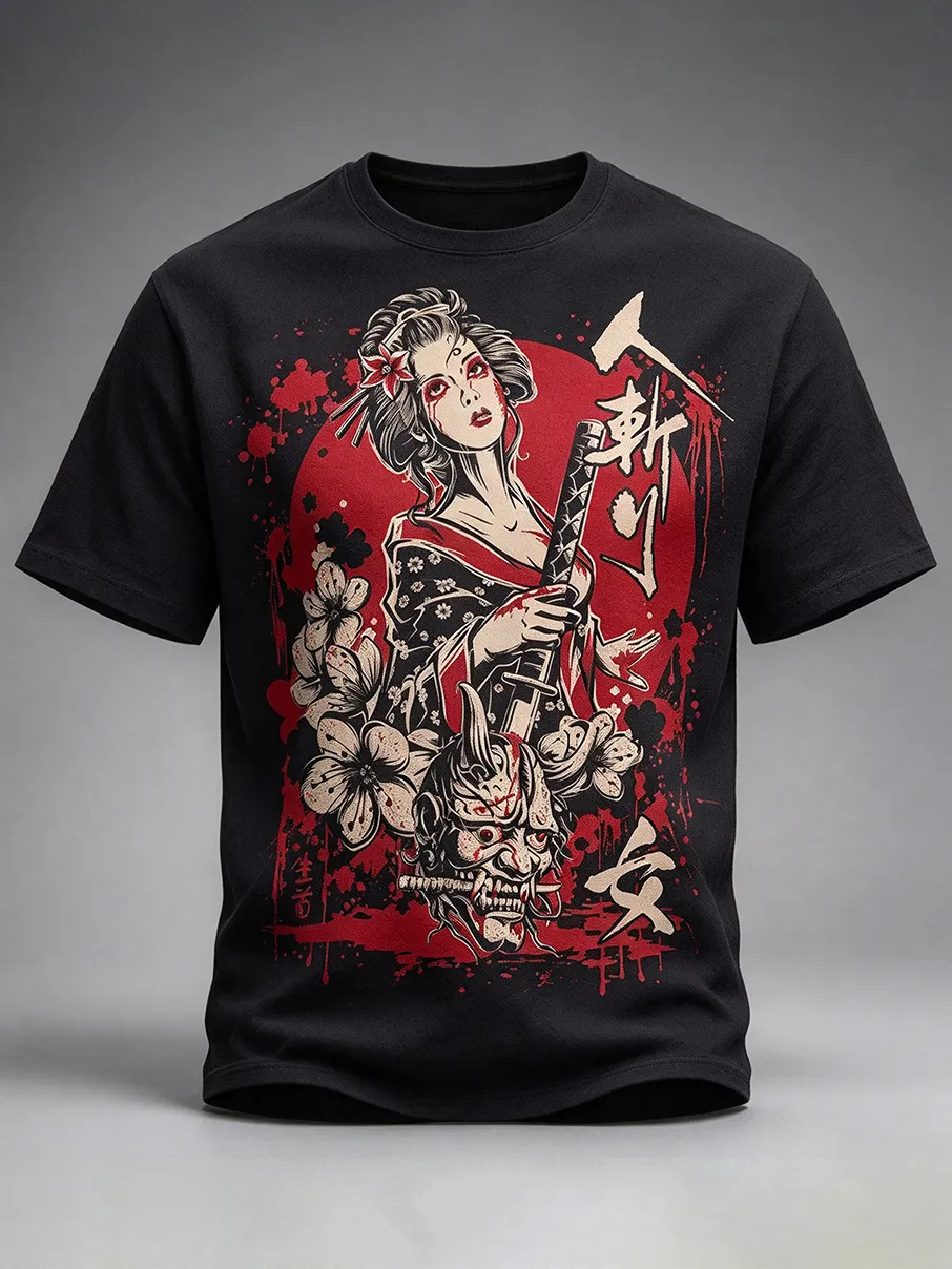 Men's Vintage Japanese Ninja Art Graphic Casual T-shirt