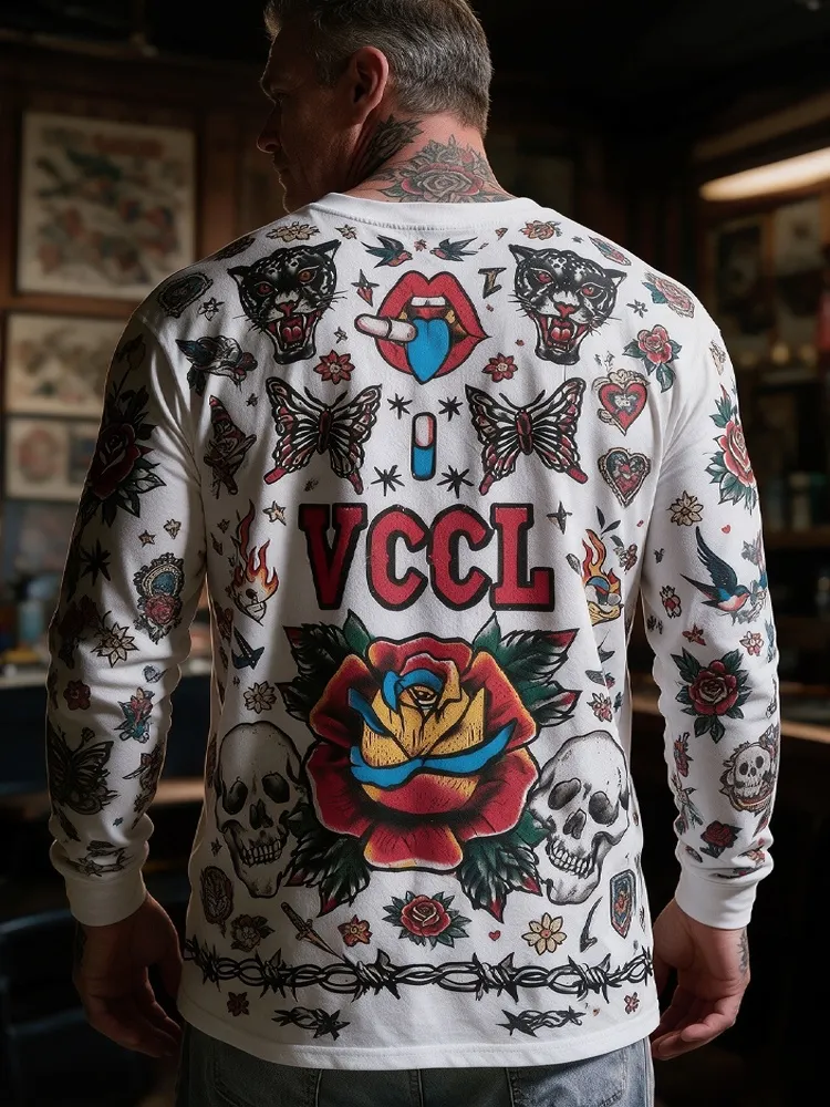 Men's American Traditional Tattoo Gothic Skull Mouth Print Long-sleeve T-shirt