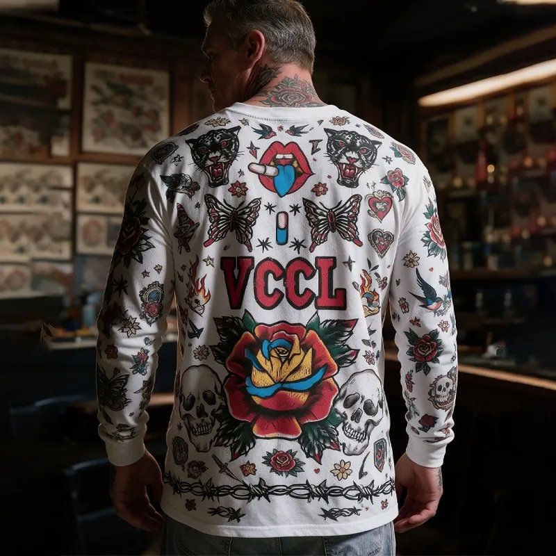 Men's American Traditional Tattoo Gothic Skull Mouth Print Long-sleeve T-shirt